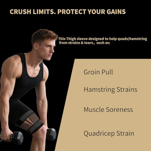 Hamstring Compression Sleeves with Adjustable Straps - Copper Infused Thigh Sleeve Support for Running Recovery & Sports - Thigh Brace for Men & Women