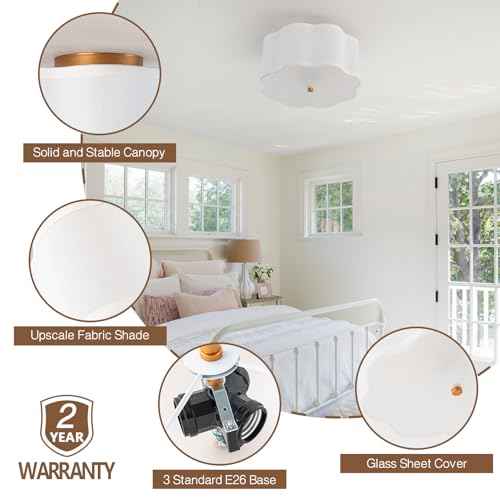 Bargeni Flush Mount Ceiling Light,13-inch Drum Ceiling Light Fixture,Light Fixtures Ceiling Mount with Cream White Fabric Shade, 3-Light Flush Mount Light Fixture for Nursery Kids Room,Bedroom,Hallway
