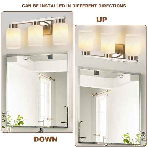 3-Light Bathroom Light Fixtures, Modern Vanity Lights, Brushed Nickel Metal Wall Lamp with White Marble Glass for Bathroom, Mirror, Living Room, Bedroom, Cabinet, Porch, Hallway, E26 Base