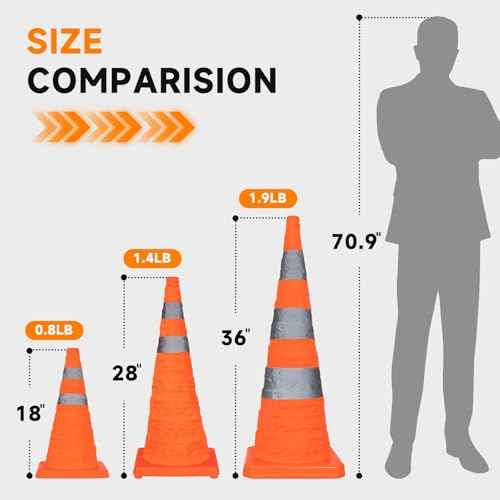 SHAREWIN Collapsible Traffic Safety Cones, [4 Pack] 28 Inch Orange Cones, Multi Purpose Pop-up Cones with Reflective Collar for Road Safety, Driving Training, Parking lot