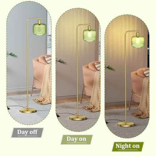 Glass Floor Lamp for Living Room, Modern Standing Lamp with Green Ribbed Glass Lampshade and Pedal Switch, 66¡± Tall Lamp & Gold Floor Lamp for Bedroom Study Room,Brushed Gold(3000K LED Bulb Included)