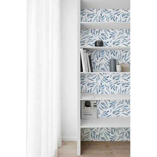 HAOKHOME Blue Wallpaper Peel and Stick Boho Leaves Removable Vinyl Self Adhesive Contact Paper17.7in x 9.8ft