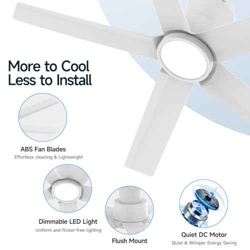 ocioc 44 inch Ceiling Fans with Lights and Remote, Dimmable Ceiling Fans with Reversible Quiet DC Motor, Flush Mount, 3CCT, White Ceiling Fan for Bedroom Living room Indoor/Outdoor