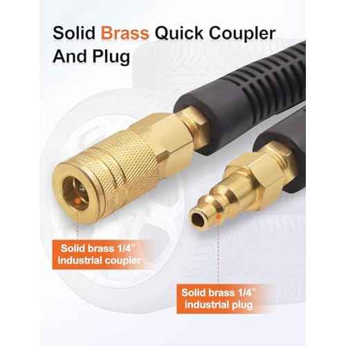 SAFELIFE Air Hose 1/4 in. x 50 ft Air Compressor Hose, Heavy Duty, Lightweight, Hybrid, with 1/4" Industrial Brass Quick Coupler and Plug
