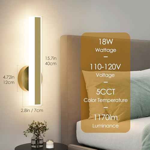 Aipsun Gold Wall Sconce Hardwired Modern LED 18W Wall Sconce Set of Two, 15.7Inches Wall Lights for Living Room Bedroom Hallway, 5CCT