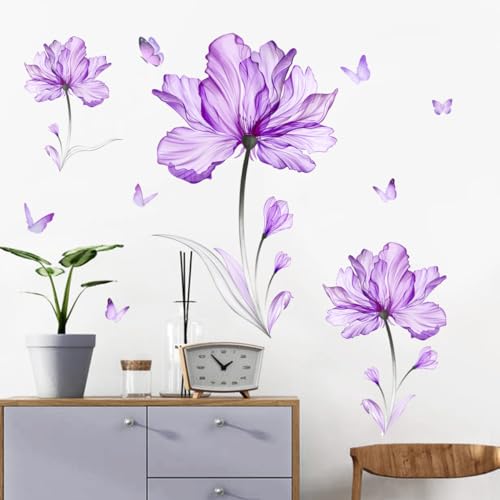Purple Flower Butterfly Wall Stickers Removable Peel and Stick Murals Wall Decals for Living Room Bedroom Door Aisle Sofa TV Backdrop Wall Home Decor(Purple Flowers)