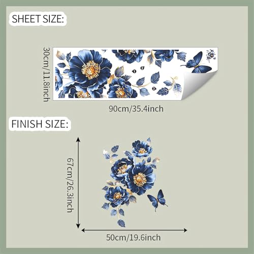 Gorgeous Blue Peony Rose Flower Wall Stickers, sacinora Butterfly Floral Art 3D Wall Decals Removable Vinyl Peel and Stick for Bedroom Study Room Bathroom Home Decorations