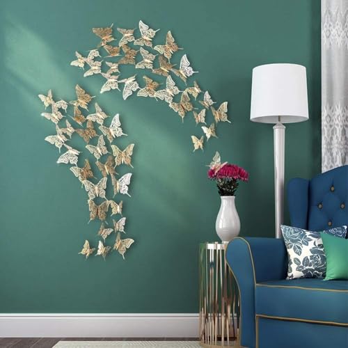 Cheerland 3D Champagne Gold Butterfly Wall Stickers Paper Butterflies Decal Decoration Removable Mural Stickers for Living Room Bed Room School Home Cake Decorations for Anniversary Engagement Party