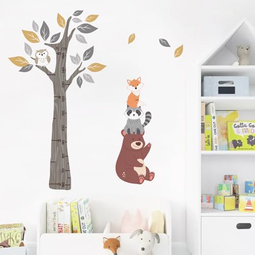 Yovkky Kids Height Chart Wall Decals Stickers, Woodland Animals Tree Toddler Baby Growth Measurement Nursery Decor, Forest Bear Raccoon Fox Owl Leaves Home Decorations Bedroom Playroom Art