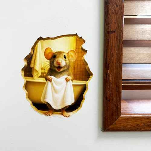 GRITKULTURE Removable Mouse Taking a Shower in Mouse Hole Decal Sticker 5.1inch 2 Pack. Mouse Hole in The Wall Sticker with 3D Effect. Wall Decoration, Funny Gift, Potty Training, Prank (#5)