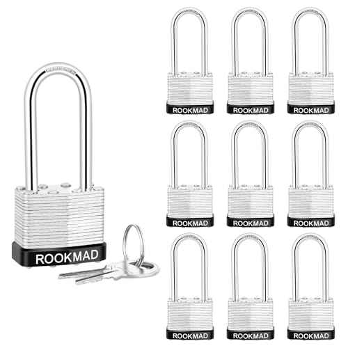 Laminated Steel Padlocks, Keyed Alike, 10 Pack, Silver, Long Shackle, CA65 Compliant