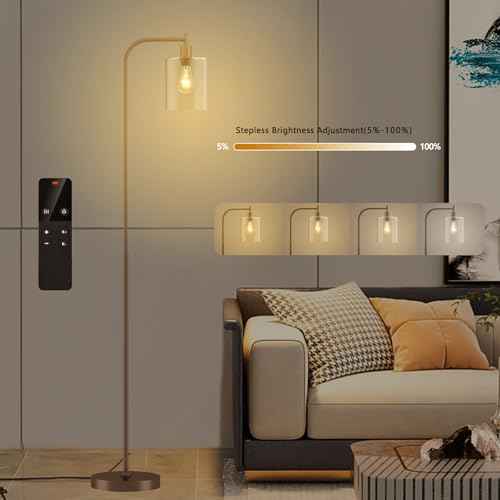 Industrial Floor Lamp with Glass Shade, Modern Dimmable Floor lamp with Remote LED Bulbs, Tall Lamp for Living Room Corner, Bedroom, Office (Bronze)