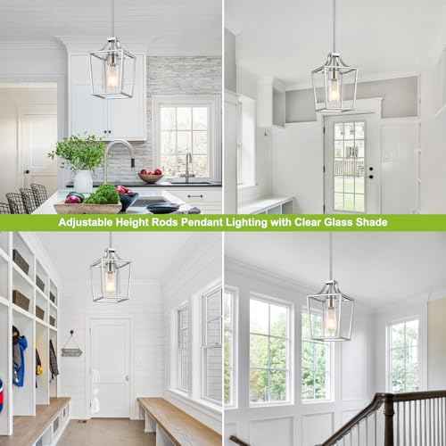 Brushed Nickel Lantern Pendant Light Fixture Pendant Lights for Kitchen Island with Clear Glass Shade, Adjustable Height Rods Pendant Lighting for Dining Room Kitchen Foyer Hallway