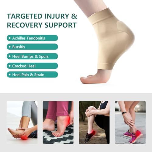 Welnove Achilles Tendonitis Heel Protector Socks - 4 Pcs Achilles Tendon Support Compression Socks - Gel Padded Sleeve for Cushion & Protection of Bursitis, Tenderness, Dry Cracked (Beige,Larger)