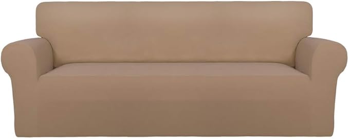 PureFit Super Stretch Sofa Slipcover – Spandex Non Slip Soft Couch Sofa Cover, Washable Furniture Protector with Non Skid Foam and Elastic Bottom for Kids, Pets （Oversized Sofa, Camel）