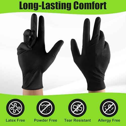 TREEGO 10 Mil Black Nitrile Gloves 100 Large, Extra Thick Disposable, Raised Diamond Grip, Latex & Powder Free ? Rubber Gloves Heavy Duty for Mechanic, Construction, Automotive
