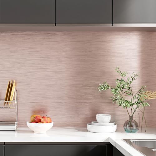 Rose Gold Stainless Steel Contact Paper for Kitchen Pink Metallic Wallpaper Waterproof Brushed Metallic Wall Paper Textured for Kitchen Backsplash Cabinets Countertops Fridge Appliances