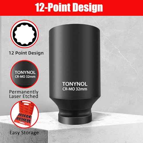 1/2 Inch Deep Drive Impact Socket Set,12-Point,SAE(3/8" to 1-1/4"),14 Pcs,Cr-Mo Steel,With a Storage Case