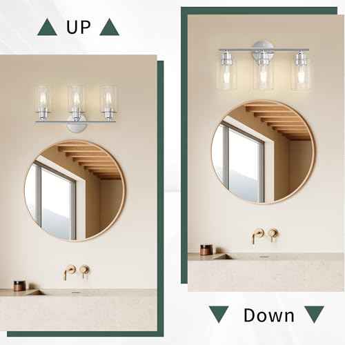 Espird Bathroom Vanity Light Fixtures Polished Chrome Bathroom Lighting Fixture, 3 Lights Bathroom Light Fixture Over Mirror, Modern Black Vanity Light, Wall Sconces with Glass Shades