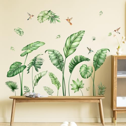 Large Palm Leaves Wall Decals, Tropical Plants Wall Stickers Boho Green Peel and Stick Wall Decal Self Adhesive Wall Art Sticker for Aisle Bedroom Office Sofa Backdrop Home Decor