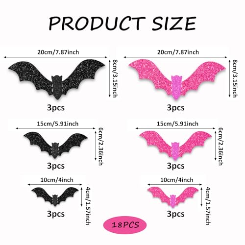 18 Pieces Halloween Bats Wall Decor, 3 Sizes 3D Glitter Pink Black Bats Stickers for Halloween Party Home Kitchen Bedroom Bathroom Decorations