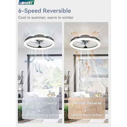 LEDIARY 20 Inch Low Profile Ceiling Fans with Lights and Remote, Dimmable Modern Fan Light(3000K-6000K), 6 Speed, Reversible, APP & Remote Control, Flush Mount Ceiling Fan for Bedroom, Black