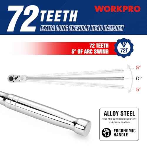 WORKPRO 1/2 inch Drive Extra Long Flex Head Ratchet, 24 Inch Long CR-V Steel Ratchet Handle with Chromium Plating, CR-MO Head, Quick Release Reversible Design, 72-Tooth