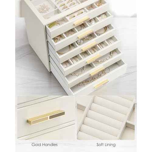 Vlando 6 Layer Jewelry Box for Women, Glass Lid Jewelry Organizer with 6 Drawers for Necklaces Rings Earrings Bracelets - Cloud White