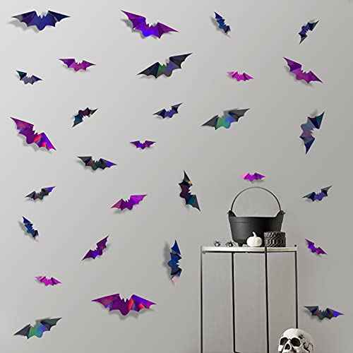 72Pcs Bats Halloween Decoration Iridescent 3D Bats Wall Decor Black Purple Holographic Paper Decorative Bat Wall Art Decals Stickers Spooky Bats for Halloween Home Room Decor Party Decoration Supplies