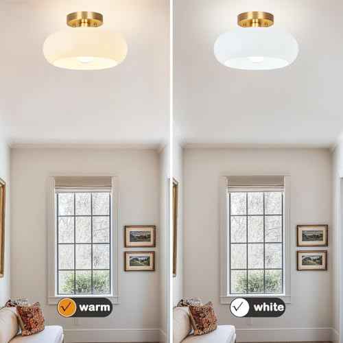 Gold Semi Flush Mount Ceiling Light,11inch Mid Century Modern Light Fixture,Hallway Lighting Fixture with Milk White Glass Shade,Vintage Ceiling Lamp for Kitchen,Porch,Entryway,Closet,Bedroom