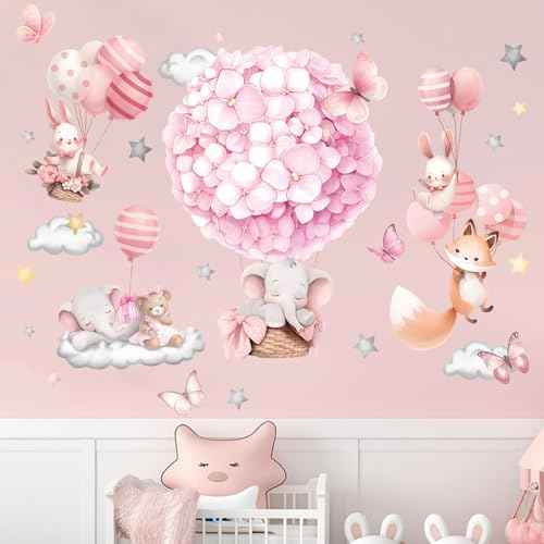 Animals Hot Air Balloon Wall Stickers - Elephant Bear Fox Wall Decals - Girls Bedroom Baby Nursery Kids Room Wall Decor