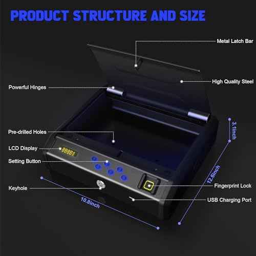 Gun Safe, Biometric Gun Safes for Handgun with 3 Ways Unlock Fingerprint Digital PIN Key Fingerprint Quick Access Pistol Safe for Car Nightstand Living Room