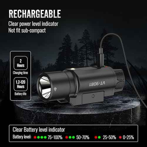 1750 Lumen Tactical Flashlight with Bottom Moonlight lamp, Rechargeable Pistol Light with Strobe/Momentary Compatible with Picatinny Rail