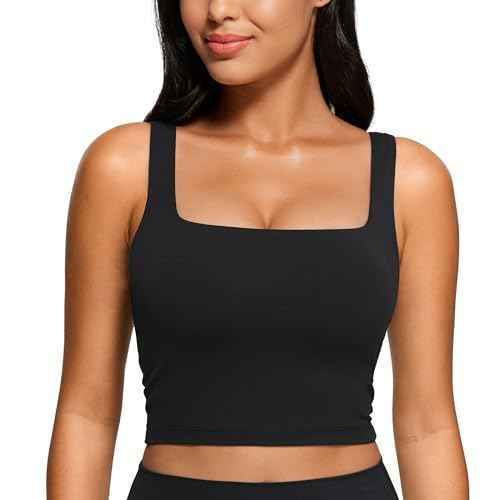CRZ YOGA Womens Butterluxe Square Neck Longline Sports Bra - Workout Crop Tank Tops Padded Yoga Camisole with Built in Pads