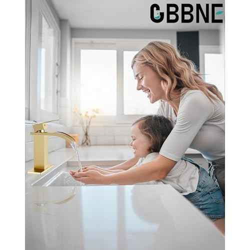 Waterfall Bathroom Faucets Single Hole Sink Faucet for 1 or 3 Hole Single Handle Vanity Basin with Deck Plate,with Pop-up Drain&Supply Lines,Brushed Gold