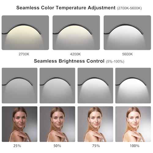 Half Moon LED Floor Lamp - Professional Shadow-Free, Dimmable Light | for Lash Techs, Estheticians & Tattoo Artists | Eyelash Extensions, Nail Art, Home & Office (Black)