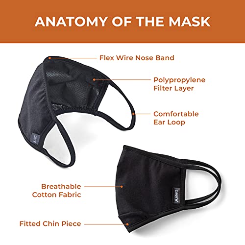 Allett Face Mask, Black | 2 Pack | Made of Cotton, Built in Polypropylene Filter | Soft Earloops, Washable, Reusable | With Nose Wire & Chin Gusset | For Adults