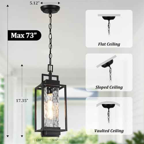 BesLowe 15¡± Outdoor Pendant Light with LED Bulb, Modern Hanging Lantern Light for Outside with Water Ripple Glass, Black Exterior Pendant Lighting Fixture, Outdoor Chandelier for Front Porch, Gazebo