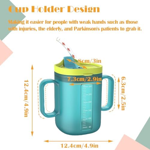 Spill Proof Sippy Cups for Seniors & Adults -10.2oz(300ml) Non-Spill Cups with 2 Handles & Straw Lid, Elderly Drinking Cups for Patients, Disabled, Pregnant Women, Dishwasher Safe (Blue)