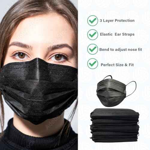 100PCS Black Disposable Face Masks, Non-medical, 3 Layer Protection Face Masks for Adult, Teenager, Seniors (100, Black)