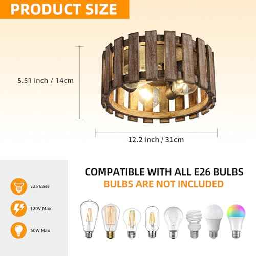 Farmhouse Flush Mount Ceiling Light, 12.2 Inch 3-Light Metal and Wood Close to Ceiling Light Fixture, Rustic Ceiling Light for Kitchen, Dining Room, Living Room, Hallway