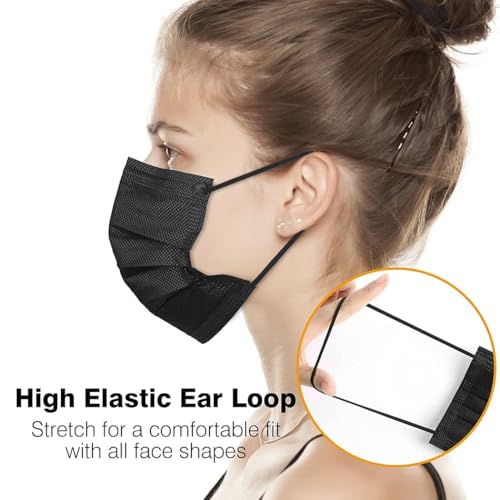 50 Pack Black Disposable Face Mask for Adults, Fashion 3-Ply Breathable Earloop Full Face Protection for Women & Men
