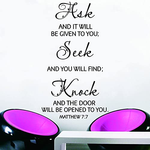 Ask Seek Knock Scripture Wall Art ? Matthew 7:7 Bible Verse Removable PVC Vinyl Sticker ? Inspirational Art for Living Room, Study, Church ? 27"x16" (black-JWH217)