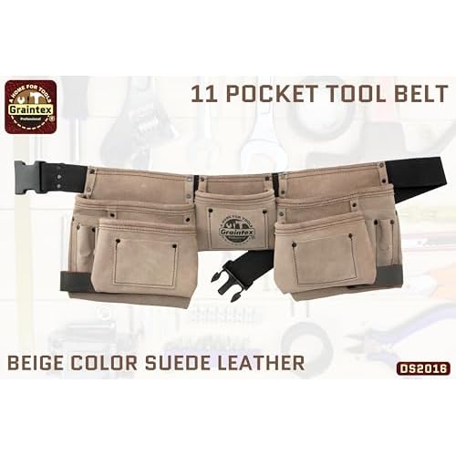 Graintex DS2016 11 Pocket Beige Color Suede Leather Tool Belt/Tool Bag/Work Apron, 2 Hammer Loops, Adjustable Belt | Construction, Carpenter, Roofing, Drywall, Electrician, Gardening, DIY