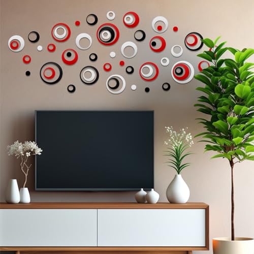 72 PCS Acrylic Circle Mirror Wall Stickers Removable Round Dots Mirror Wall Decals DIY Decals Modern Art Mural for Home Living Room Bedroom Decor (Black, Red, Silver£©