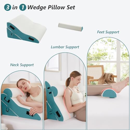 Bed Wedge Pillow Set for Sleeping 3 PCS - 22.5" Wide Triangle Pillow for Back Leg Pain Relief with Washable Cover - 35D Foam Wedge Pillow Post Surgery for Acid Reflux & Snoring (White Blue)