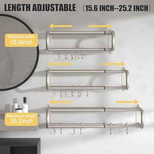 BESy Adjustable 15-25 Inch Towel Rack with Shelf for Bathroom and Lavatory Towel Shelf Double Towel Bar Rod 4 Hooks Wall Mount Multifunction Towel Holder Hotel Style Stainless Steel Brushed Nickel