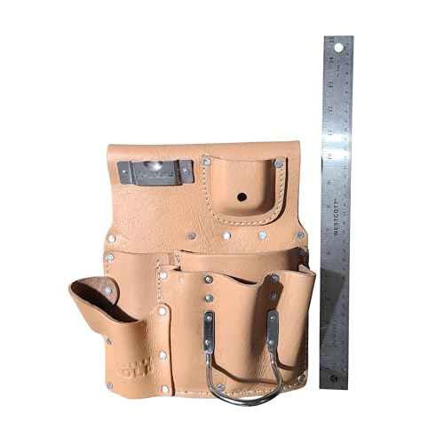 Genuine Leather Drywall Tool Pouch 3505R-TAN 8 Pocket Heavy Duty Top Grain Leather Drywall Pouch with Steel Hammer Loop & Tape Measure Clip - Fits Belts up to 2.5'