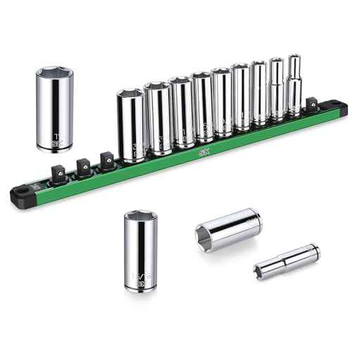 SK 3/8" Drive Socket Set, Deep SAE Sockets, 13-Piece 1/4" to 1", SuperKrome Finish, Premium CR-V Construction, with Aluminum Socket Organizer