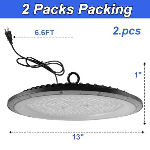 2 Pack UFO LED High Bay Light, 6500K 200W, Black, 21000 LM, IP65 Waterproof, Industrial, High Bay LED Shop Lights